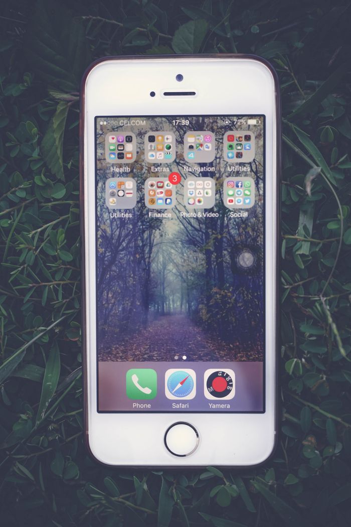 iPhone resting on grass, showcasing a forest wallpaper on its screen, symbolizing technology meets nature.